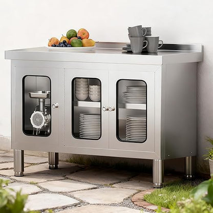 47" Stainless Steel Table Cabinet Heavy Duty Prep Table with 304 Stainless Steel Worktop and 3 Glass Doors Commercial Worktable Workbench with Storage Cabinet for Kitchen Garage Restaurant Outdoor