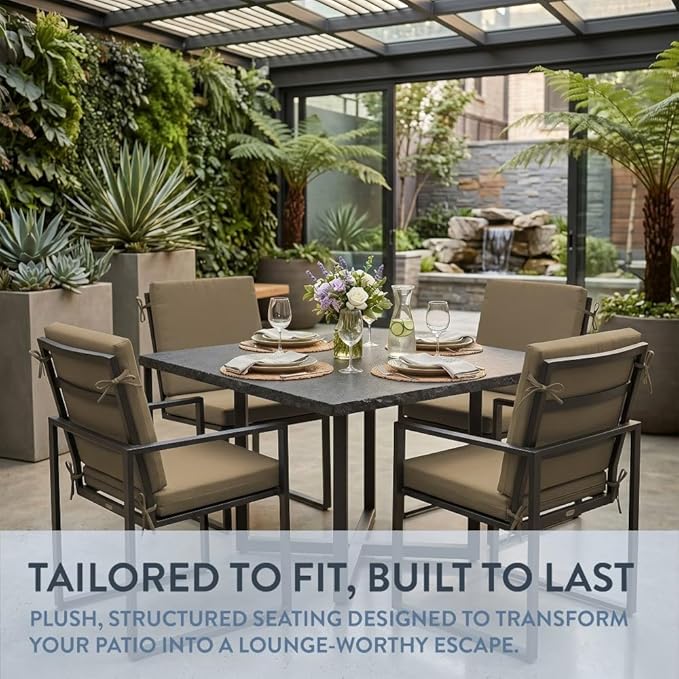 California Umbrella Outdoor Dining Chair, Set of 4 Patio Seat Cushions, 20 x 40 Inch, Premium Outdoor Memory Foam, Fade Resistant, Sunbrella Fabric, Fabric Ties, Heather Beige