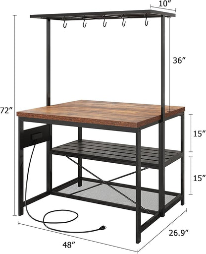 Garvee 47 in Kitchen Island with Power Outlets - Mobile Bakers Rack with 3 Shelves, Microwave Stand & 5 Hooks, 400 LB Capacity (Brown)