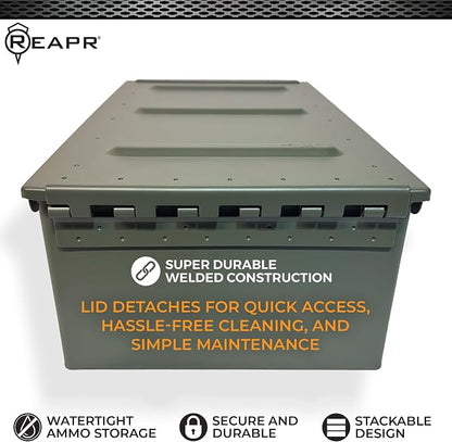 Reapr Steel Ammo Can, Heavy Duty Locking Metal Ammo Storage Box, Airtight and Watertight 30 Cal or 50 Cal Case for Rifle, Shotgun, Pistol, Military Footlocker Style Tool and Gear Organizer