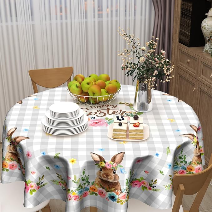 Sweetshow Happy Easter Wreath Table Cloth Round Colorful Flowers Grey White Buffalo Plaid Rabbit Tablecloth 70 Inch Decor Washable Stain and Wrinkle Spring Floral Round Table Cover for Dining Picnic