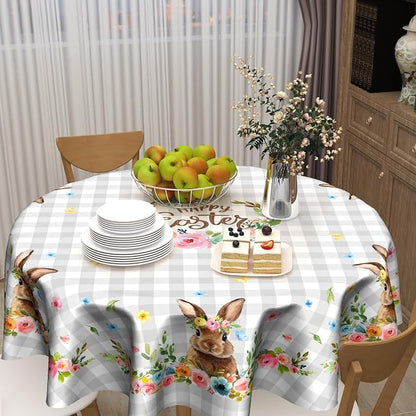Sweetshow Happy Easter Wreath Table Cloth Round Colorful Flowers Grey White Buffalo Plaid Rabbit Tablecloth 70 Inch Decor Washable Stain and Wrinkle Spring Floral Round Table Cover for Dining Picnic