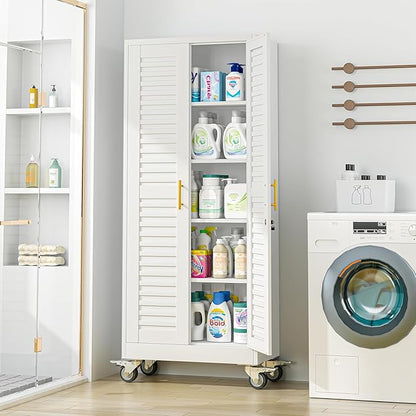 GAIOUS 71”H Metal Garage Storage Cabinet with Lock and Wheels, Metal Storage Cabinets with Louvered Door and 4 Adjustable Shelves, Rolling Tool Cabinet, Utility File Cabinet for Home Office, White