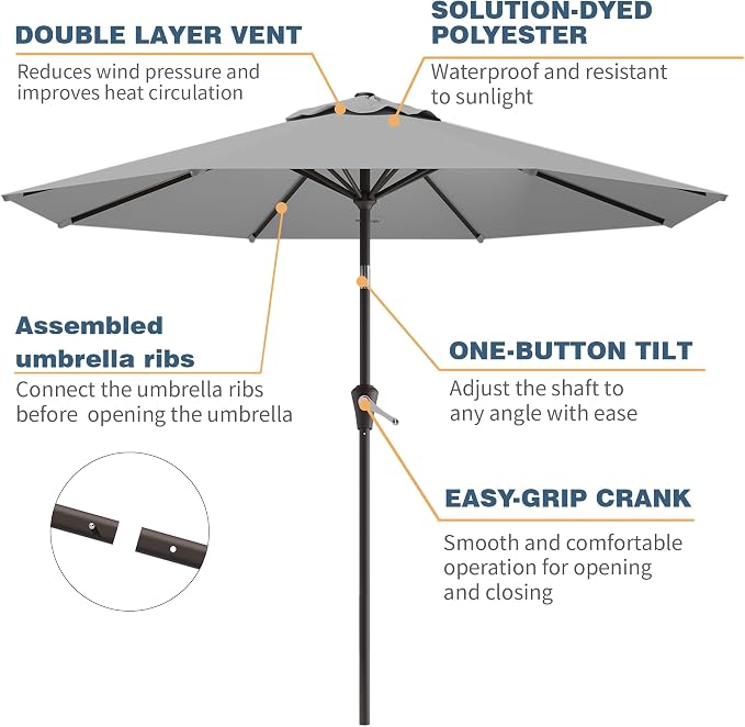 10FT Patio Umbrella, Outdoor Umbrella with Push Button Tilt and Crank, 8 Sturdy Ribs, UV Protection & Waterproof Market Umbrella for Pool, Backyard, Beach,Deck