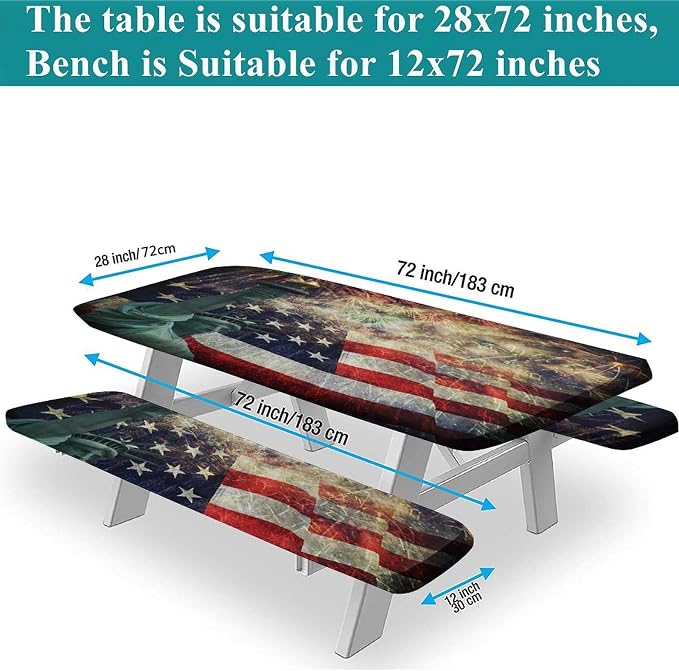 4th of July USA Flag Picnic Table and Bench Fitted Covers, American Flag Composite Photo of States Idols with Fireworks on Background, 28x72 Inch for Dining, Outdoor Camping USE, 3-Piece Set