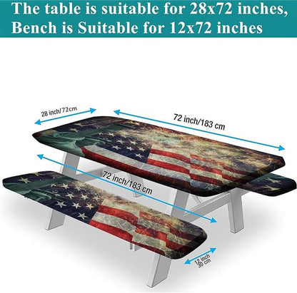 4th of July USA Flag Picnic Table and Bench Fitted Covers, American Flag Composite Photo of States Idols with Fireworks on Background, 28x72 Inch for Dining, Outdoor Camping USE, 3-Piece Set