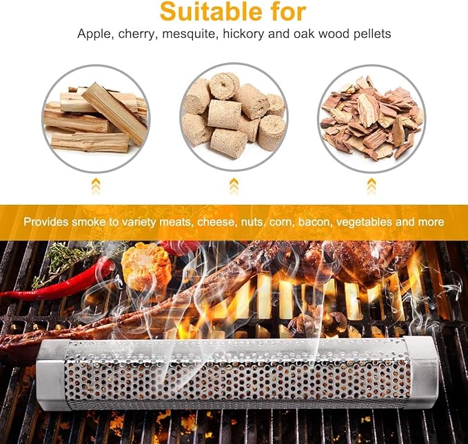 Pellet Smoker Tube, 1 Pack 12'' Smoker Tube with Brush, Premium Stainless Steel, 5 Hours of Billowing Smoke Tube Smoker for All Grill, Smoker, Cold/Hot Smoking