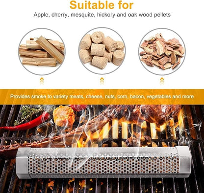 Pellet Smoker Tube, 1 Pack 12'' Smoker Tube with Brush, Premium Stainless Steel, 5 Hours of Billowing Smoke Tube Smoker for All Grill, Smoker, Cold/Hot Smoking