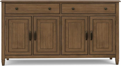 SIMPLIHOME Connaught 67" Sideboard in Rustic Natural Aged Brown | Traditional 4-door dining room buffet with 2 drawers and adjustable shelves for organized kitchen or living room storage.