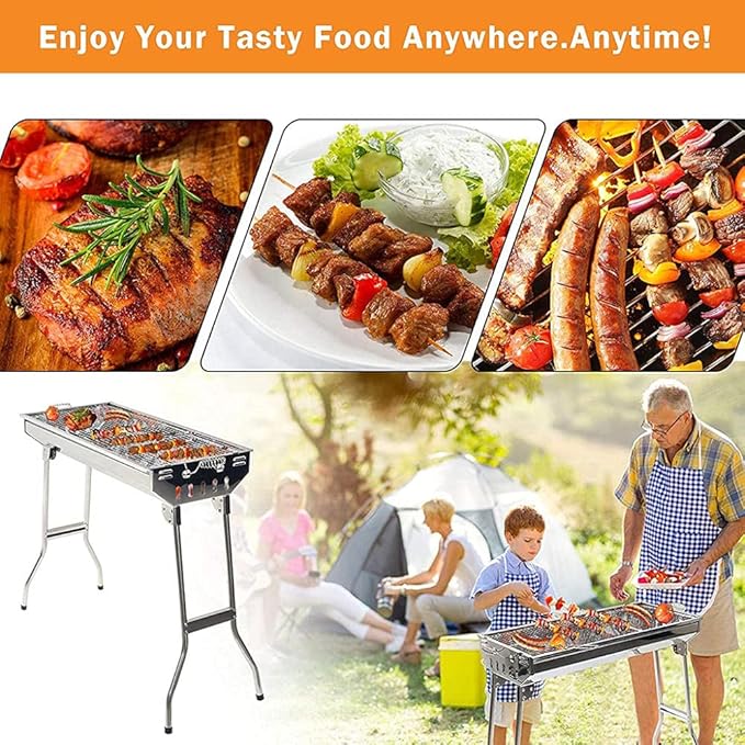 BBQ Grill, Stainless Steel Barbecue Grill Smoker Charcoal BBQ, Folding Portable BBQ for 5-10 Persons Family Garden Outdoor Cooking Hiking Picnics Camping Barbecue Party