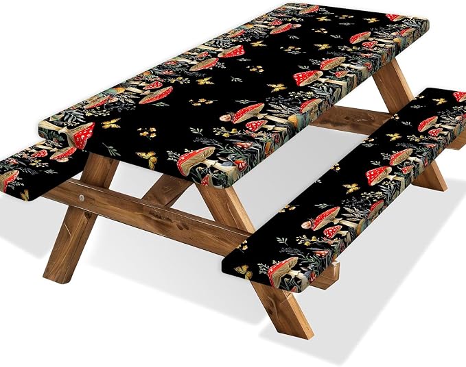 Mushroom Picnic Table Cover with Bench Covers, Camping Essentials, Waterproof Windproof Camping Tablecloth, Fitted Tablecloth Cover with Elastic Edge, for Indoor & Outdoor, Garden, 3 PCS, 30x96 Inch