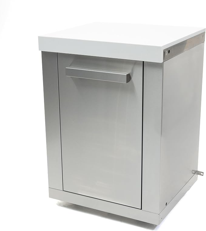 Mont Alpi Outdoor Kitchen Island Extra Storage Cabinet Module - Stainless Steel | Magnetic Door | White Granite Countertop | 2 Shelves | 25 in