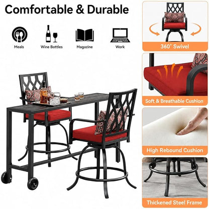 DWVO Metal Outdoor Bar Stools Set of 6, Heavy-Duty Bar Height Outdoor Chairs 352 Lbs Capacity, All-Weather E-Coated Swivel Barstools with Red Cushion & Pillow for Patio Deck Balcony