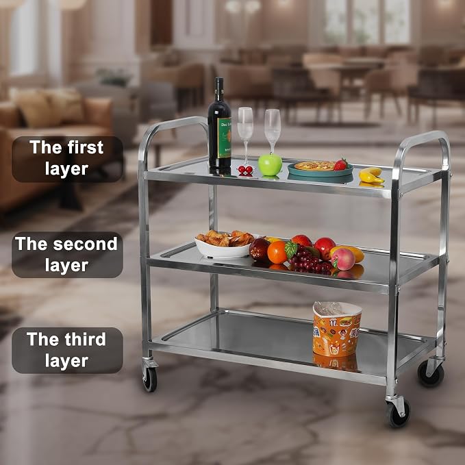 uyoyous Extra Large 3 Tier Stainless Steel Utility Cart 37x20x37 inch | Heavy Duty Rolling Cart Food Storage Service Trolley with 360° Rotatable Wheels for Kitchen Hotel Restaurant Home Use