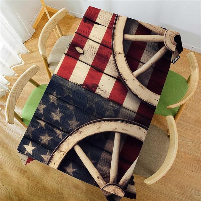 Swono American Flag 52"X70" Oblong Table Cloth Retro Wooden Wagon Wheels USA Flag Wrinkle Free Table Cover Farmhouse Tablecloth for Home Restaurant Picnic Indoor Outdoor Dining