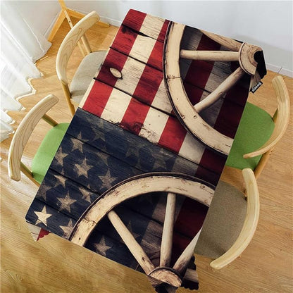 Swono American Flag 52"X70" Oblong Table Cloth Retro Wooden Wagon Wheels USA Flag Wrinkle Free Table Cover Farmhouse Tablecloth for Home Restaurant Picnic Indoor Outdoor Dining