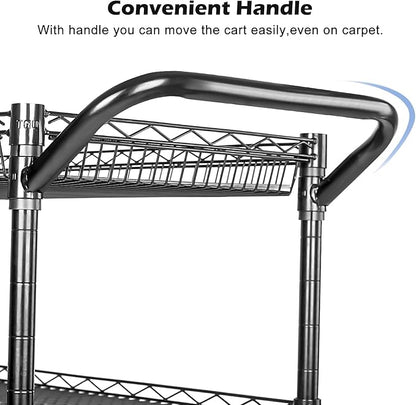 Heavy Duty 3 Tier Utility Cart,Wire Rolling Cart with Wheels, Commercial Grade Service Cart with Shelving Liners and Handle Bar Metal Carts for Kitchen Office Hardware