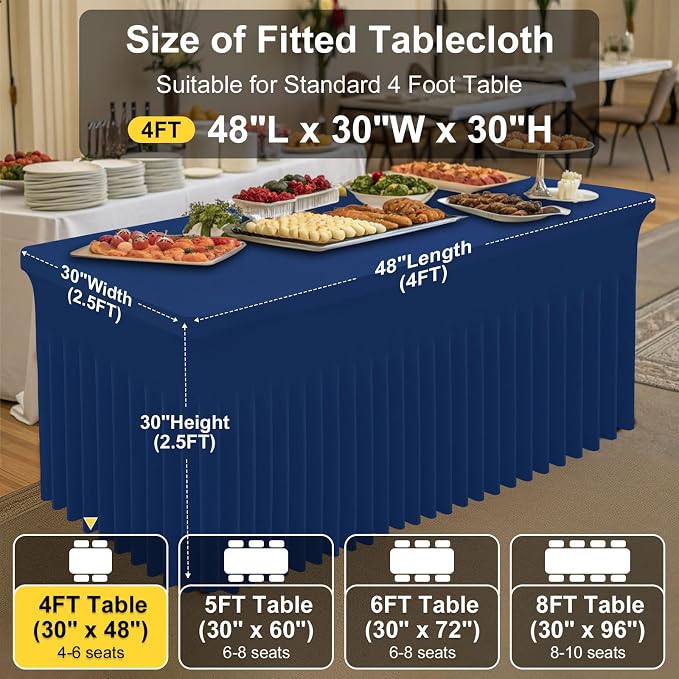 Smiry Spandex Elastic Fitted Table Cloth Skirt for 4FT Rectangle Table | Stretch Washable Table Cloth, Banquet Table Cover for Wedding, Party, Indoor & Trade Shows, (Navy, 48Lx30Wx30H)