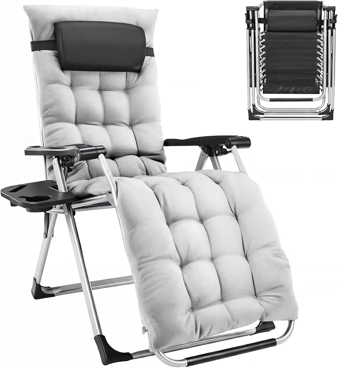 Premium Outdoor Chaise Lounge Chairs, Oversized Zero Gravity Chair, Grey | Removable Cushion and Headrest, Lawn Chair with Cup Holder for Reading and Camping
