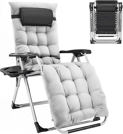 Premium Outdoor Chaise Lounge Chairs, Oversized Zero Gravity Chair, Grey | Removable Cushion and Headrest, Lawn Chair with Cup Holder for Reading and Camping