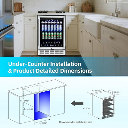 24 Inch Beverage Refrigerator, 180 Cans Built-in Beverage Cooler with Glass Door, Under Counter or Freestanding Drink Fridge with LED Light & Adjustable Shelves For Home Bar Office - Silver