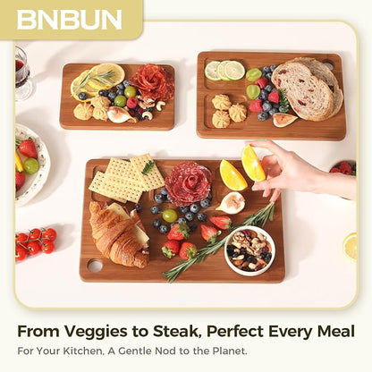 Bamboo Cutting Board for Kitchen, 3-Piece Wooden Cutting Board Set with Deep Juice Grooves, Side Handles, Non-Slip Mats, Reversible Boards for Meat, Vegetables, Fruit and Cheese