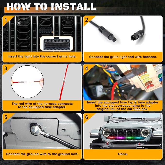 Grill Lights for Jeep Wrangler JL - FICOLPO 4PCS LED Front Grill Lights for Jeep Wrangler JL JLU 2024 2025 2026 Rubicon Sahara Front Bumper Grille Lights with Fuse Adapter & Harness (RGB Light)