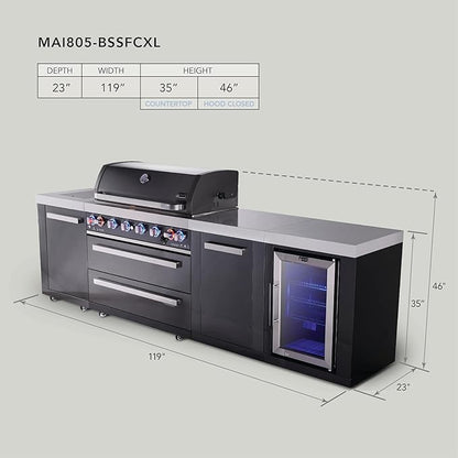 Mont Alpi 119"W x 23"D x 46"H Black Stainless Steel Outdoor Kitchen Island with Refrigerator + 44"W 6-Burner BBQ Grill + Granite Countertops + Storage Cabinets + Chopping Board + Rotisserie + Cover