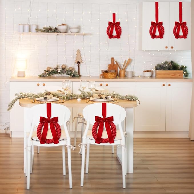 Suncalla 6 Pcs Christmas Velvet Wreath with Bow Ribbon Mini Christmas Kitchen Cabinet Front Door Wreath Decorative for Outdoor Indoor Party Table Fireplaces Porch Walls