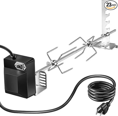 Dreyoo Universal Rotisserie Grill Kit, 360° Automatic Rotating Rotisserie Kit with 120V 4W Motor, 28'' Spit Rod, 2 x 4 Forks, Complete Holders and Fixing Screw for Backyard Camping Grills