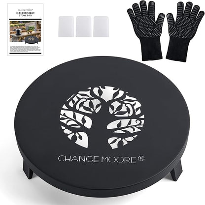 CHANGEMOORE 9.1'' Fire Pit Mat & Heat Resistant Gloves Set, Tabletop Protection with Foldable Stand, Barbecue Heat Resistant Mat for Tabletop Fire Pit, Long Wrist Non-Slip Silicone, up to 300°C