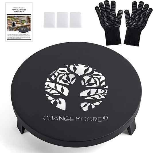 CHANGEMOORE 9.1'' Fire Pit Mat & Heat Resistant Gloves Set, Tabletop Protection with Foldable Stand, Barbecue Heat Resistant Mat for Tabletop Fire Pit, Long Wrist Non-Slip Silicone, up to 300°C