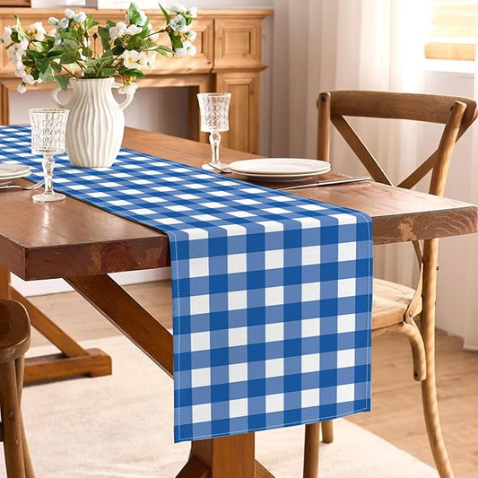 Blue and White Checkered Table Runner Gingham Plaid Birthday Party Decoration BBQ Picnic Dining Room Home Kitchen Table Decor (Blue, 13" x 72")