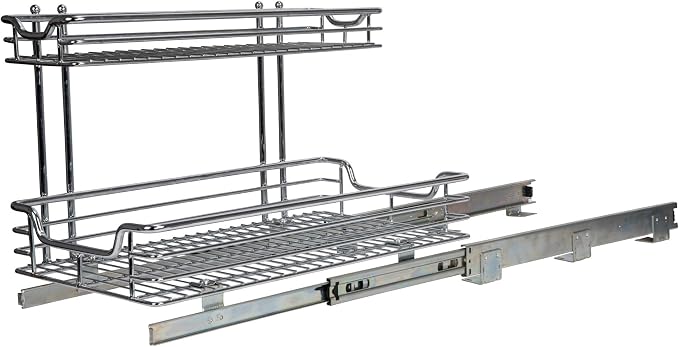 Household Essentials Glidez 2‑Tier Large Multipurpose Chrome‑Plated Steel Pull‑Out/Slide‑Out Under Sink Organizer, Chrome Finish