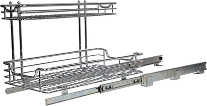 Household Essentials Glidez 2‑Tier Large Multipurpose Chrome‑Plated Steel Pull‑Out/Slide‑Out Under Sink Organizer, Chrome Finish