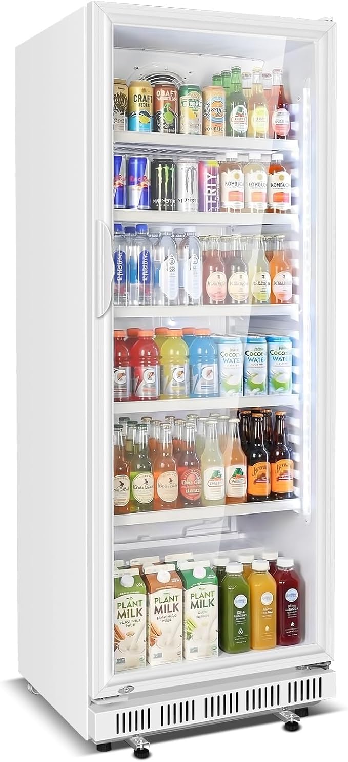 Velivi Commercial Beverage Refrigerator, 24.5" Glass Door Display Fridge, 15 Cu.Ft Beverage Cooler with 5 Adjustable Shelves, Auto Rebound Door, Low Noise, for Shops, Restaurants & Bars WHITE