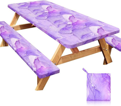 Picnic Table Cover with Bench Covers Windproof Waterproof Picnic Table Covers Camping Tablecloth with Self-Storage Bag, 72in, Light Purple