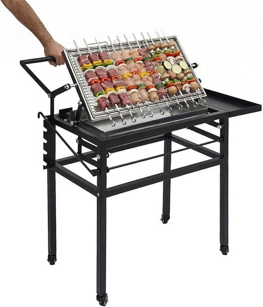 Portable Charcoal Flip Grill, 360° Rotating Outdoor BBQ Grill, Steel Flipping Barbecue Grills, Cooking Grill with Removable Tray Suit for 8 People Camping Picnic Yard Party