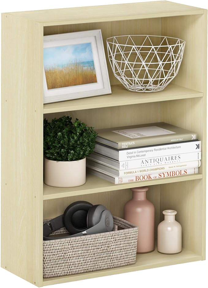 Furinno PASIR Book Shelf, 3-Tier Bookshelf, Storage Shelves Bookcase, 9.7 x 23.7 x 31.5, for Living Room, Bedroom, Home Office, Steam Beech