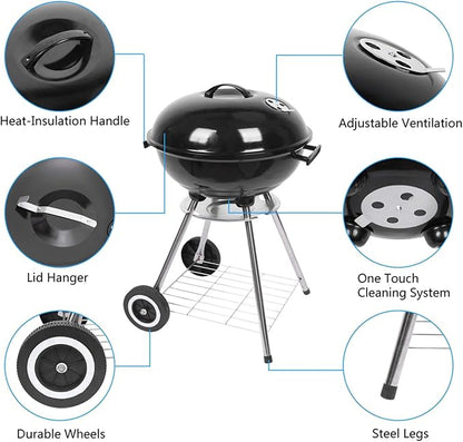 18 Inch Charcoal Grills with Wheels, Kettle Grill for Outdoor Cooking Barbecue Camping BBQ, Charcoal BBQ Grill with Shelf and Ash Catcher for Backyard, Patio, Picnic, Deck
