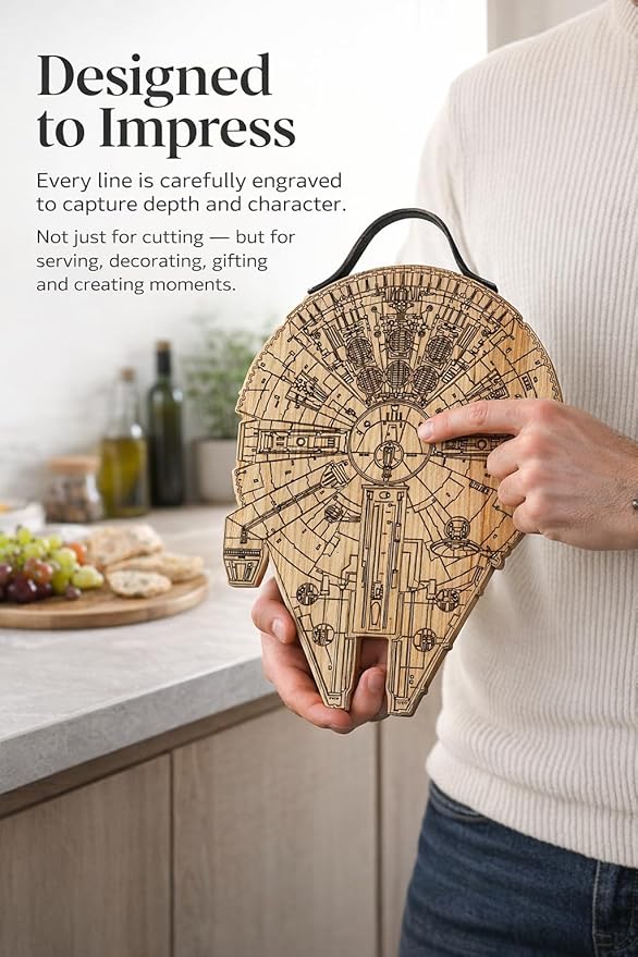 Millenium Falcon Inspired Wooden Cutting Board, Wood Cutting Boards for Kitchen, Non Toxic Hardwood Cutting Board, Wooden Chopping Board, Charcuterie Cheese Serving Board, Sci Fi Gift