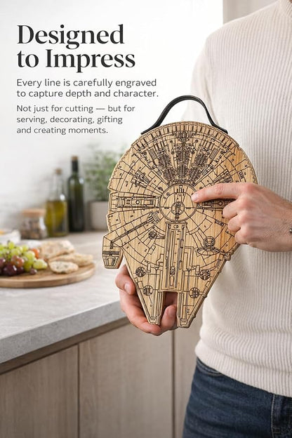 Millenium Falcon Inspired Wooden Cutting Board, Wood Cutting Boards for Kitchen, Non Toxic Hardwood Cutting Board, Wooden Chopping Board, Charcuterie Cheese Serving Board, Sci Fi Gift