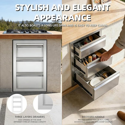 Outdoor Kitchen Drawers 15" x 25" x 18.7" Stainless Steel Triple Drawer Cabinet, Flush Mount Modular Storage for BBQ Islands & Patios