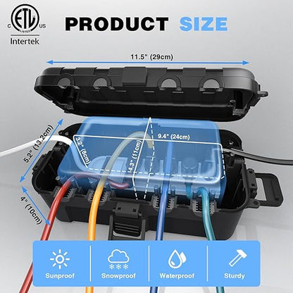 Flemoon Medium Outdoor Electrical Box, ETL Certified IP54 Waterproof Extension Cord Cover w/6 Cable Entry Ports, Weatherproof Connection Box for Power Strip, Timer, Plug, Holiday Lights, Black