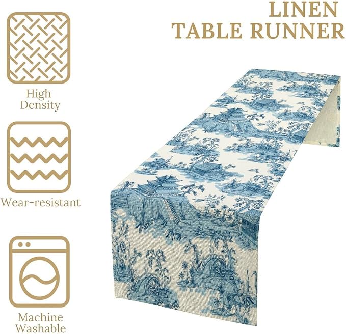 Vintage Asian Table Runner, Oriental Chinese Japanese Chinoiserie Mountains Pagoda Bridge Landscape Dinner Runner Table Decoration for Home Kitchen Dining Table Party 13x90in
