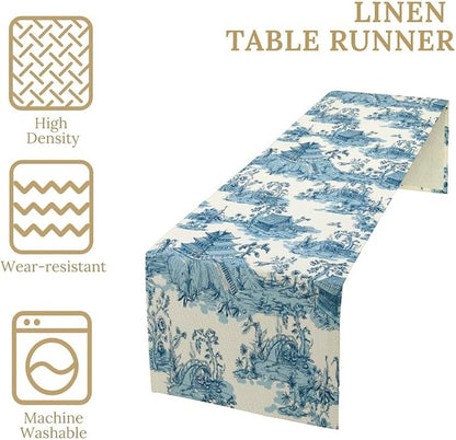 Vintage Asian Table Runner, Oriental Chinese Japanese Chinoiserie Mountains Pagoda Bridge Landscape Dinner Runner Table Decoration for Home Kitchen Dining Table Party 13x60in