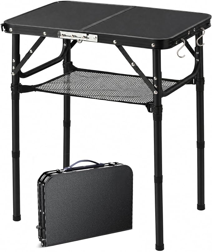 YUFIFAIRY Small Folding Table Portable, 24''L x16''W Foldable Camp Table | Lightweight Aluminum Frame, 3 Adjustable Height 10"/19"/27.5", For Indoor, Outdoor, Cooking, Picnic, All Black Table