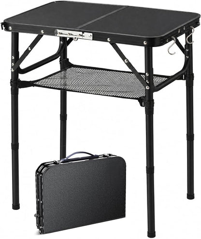 YUFIFAIRY Small Folding Table Portable, 24''L x16''W Foldable Camp Table | Lightweight Aluminum Frame, 3 Adjustable Height 10"/19"/27.5", For Indoor, Outdoor, Cooking, Picnic, All Black Table