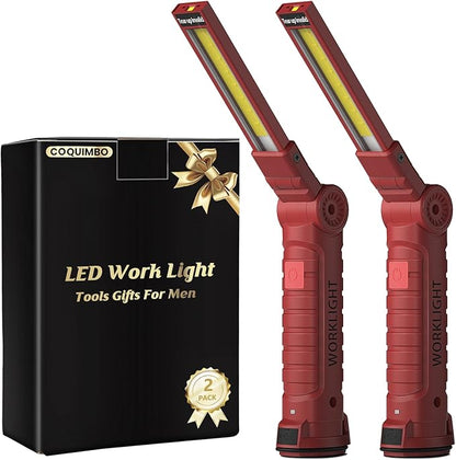 Coquimbo Tools Gifts for Men Dad Husband, Rechargeable LED Work Light Grill Accessories Magnetic Flashlight with Hanging Hook 5 Modes 360° Rotate Birthday Gifts for Him Grandpa (2 Pack Red)