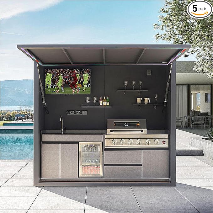 Outdoor Kitchen Island Set, 304 Stainless Steel BBQ Grill Station with Refrigerator, Sink, Side Burner, Bar Counter & Pergola, Modular Outdoor Kitchen Pod for Backyard Patio Entertainment